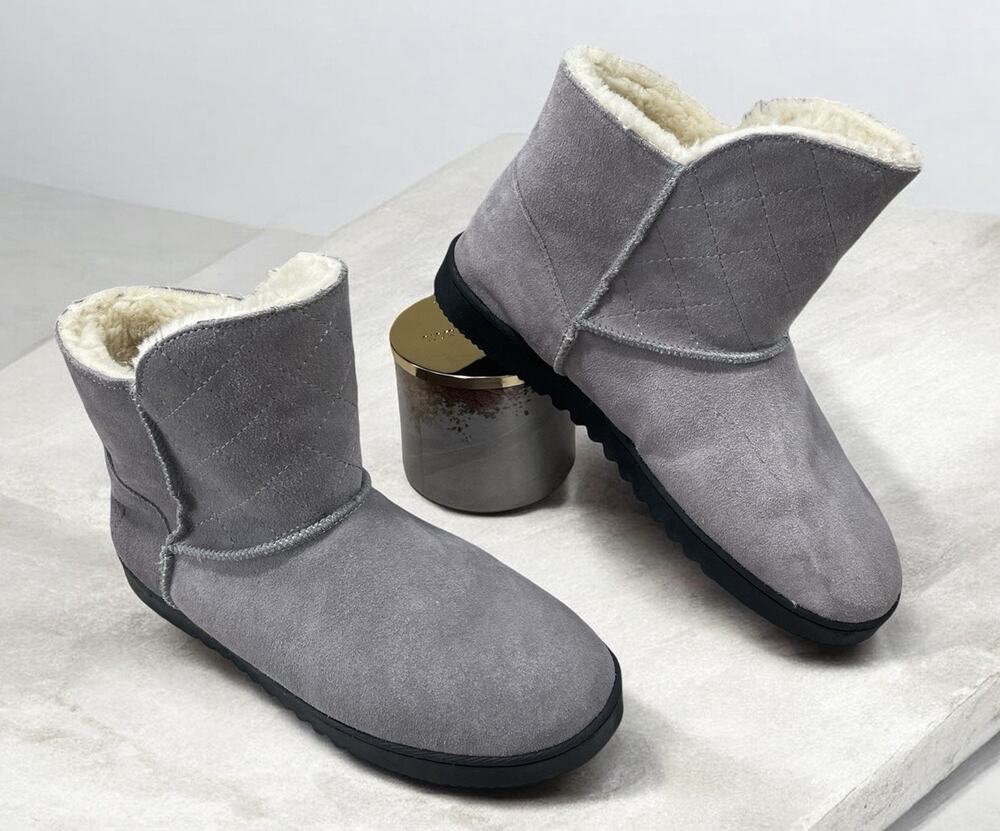 Dearfoams Gray Suede Ankle Bootie Indoor/Outdoor Slipper Boots Women's Size 9-10